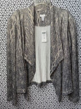 Chico's Draped Open-Front Cardigan in Metallic Gold, Gray and Cream